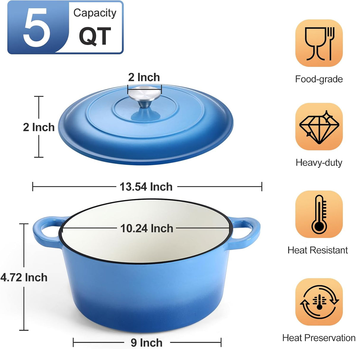 P&P CHEF 5QT Enameled Dutch Oven, Cast Iron Dutch Oven Pot with Lid for Bread Baking, Enameled Casserole Pot for Roasting Braising Stewing Frying Simmering, Various Stoves & Easy Clean, Blue