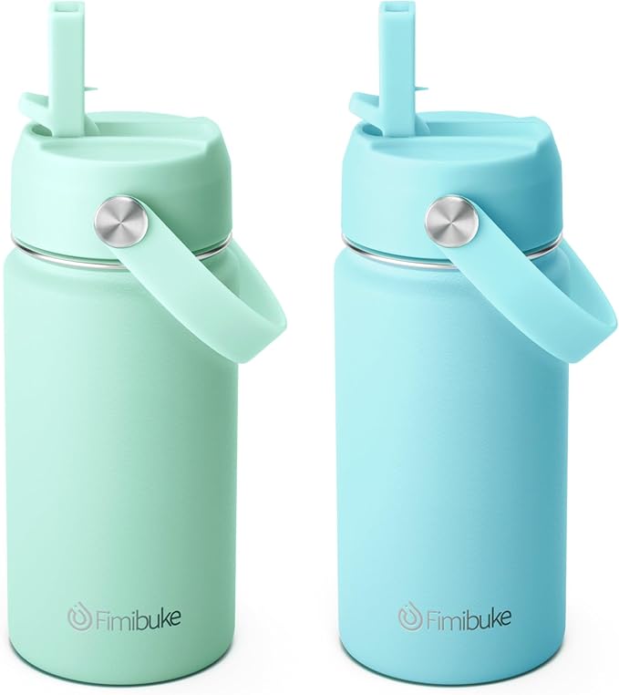 Fimibuke Kids Insulated Water Bottle, 14oz BPA FREE Double Wall Vacuum Tumbler 18/8 Stainless Steel Leak Proof Kids Cups with Straw Metal Water Bottle for School Boys Girls (2 Pack, Underwater World)