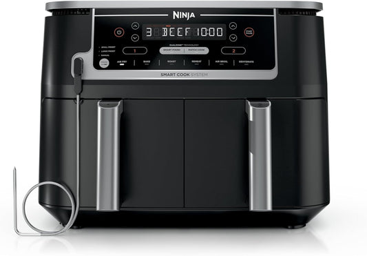 Ninja Foodi 10QT 6-in-1 DualZone Smart XL Air Fryer, 2 Independent 5QT Baskets, Smart Cook Thermometer, Match Cook, Smart Finish, Air Fry, Roast, Bake, Dehydrate, Reheat, Grey, DZ550