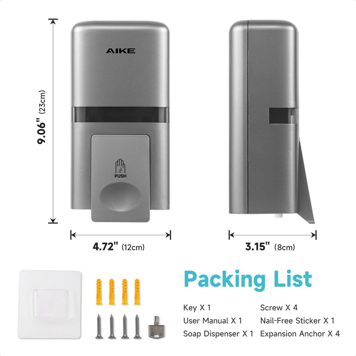 AIKE Wall Mount Liquid Soap Dispenser, 27oz Large Capacity with Extended Pump for Commercial Bathrooms(Silver)