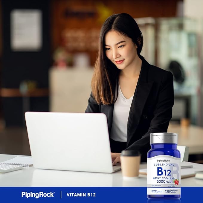 Piping Rock B12 Vitamin 5000 mcg | 120 Tablets | Sublingual Methylcobalamin Supplement | Berry Flavor, Vegetarian, Non-GMO, Gluten Free