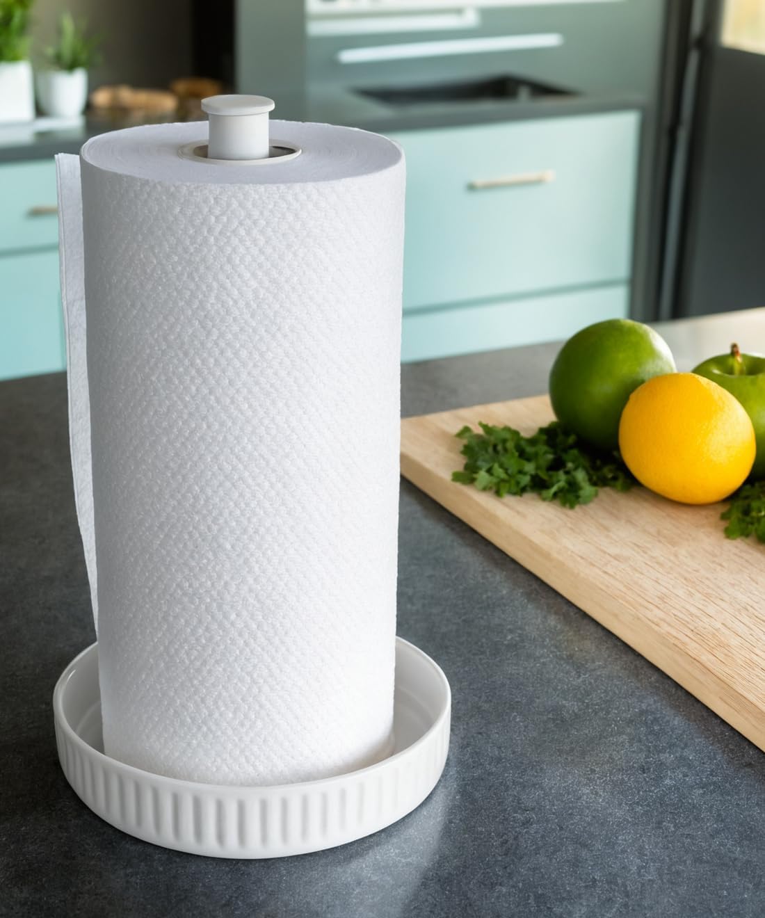 VROOMIUM Paper Towel Holder Countertop, Ceramic Base Easy-to-Clean, 1.5 lbs, 7" B x 12.5" H, Stable Elegant and Durable Kitchen Roll Stand, Chic White