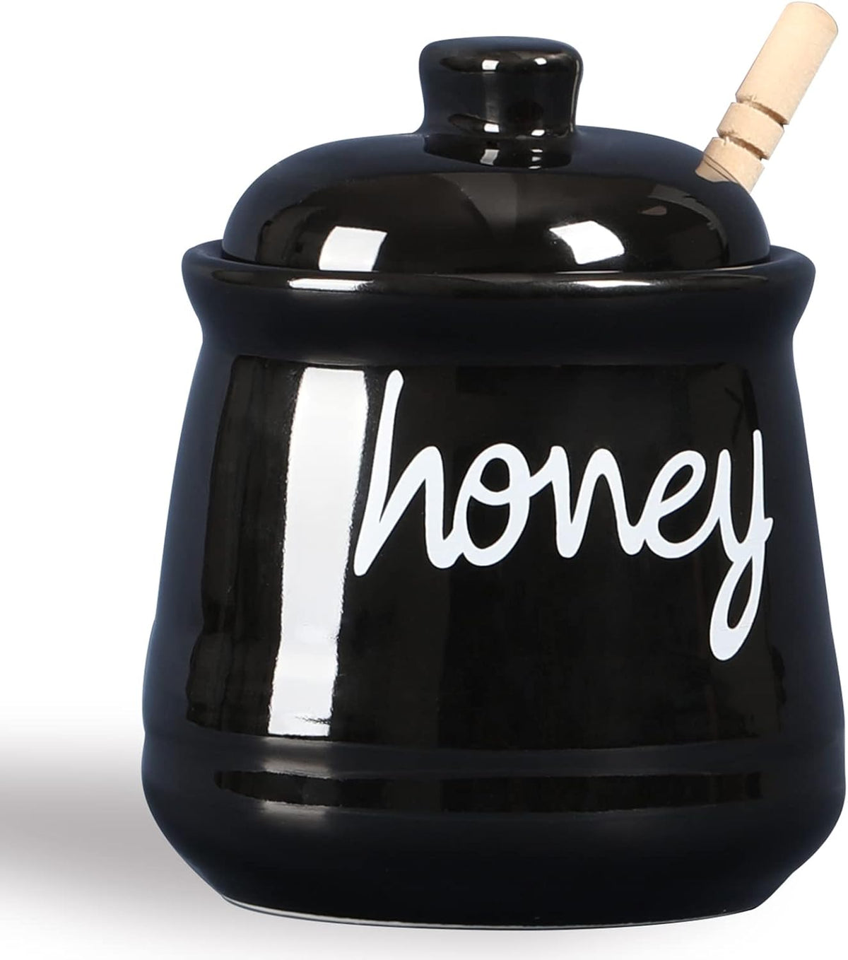 Honey Jar with Dipper and Lid, Ceramic Honey Pot 12oz, Black