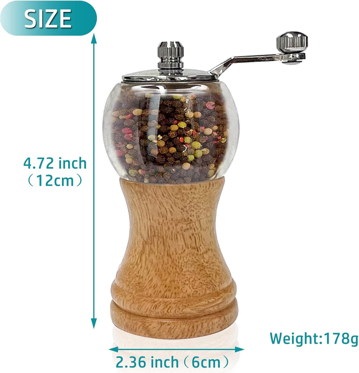 Pepper Mills Set Classical Hand Shake Wood Pepper Grinder Set Salt Mills 2pcs-6in, Wooden Acrylic Ceramic Blades Upgrade Metal Handle, Enjoy Fresh Ground Pepper Various Spices