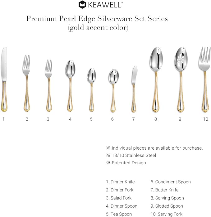 KEAWELL Pearl Edge 4-Piece Premium Spoon Set, 18/10 Stainless Steel, Fine Silverware Spoons with Refined Bead Design, Brightly Polished, Dishwasher Safe (Gold Accent, 6.3" Condiment Spoons)