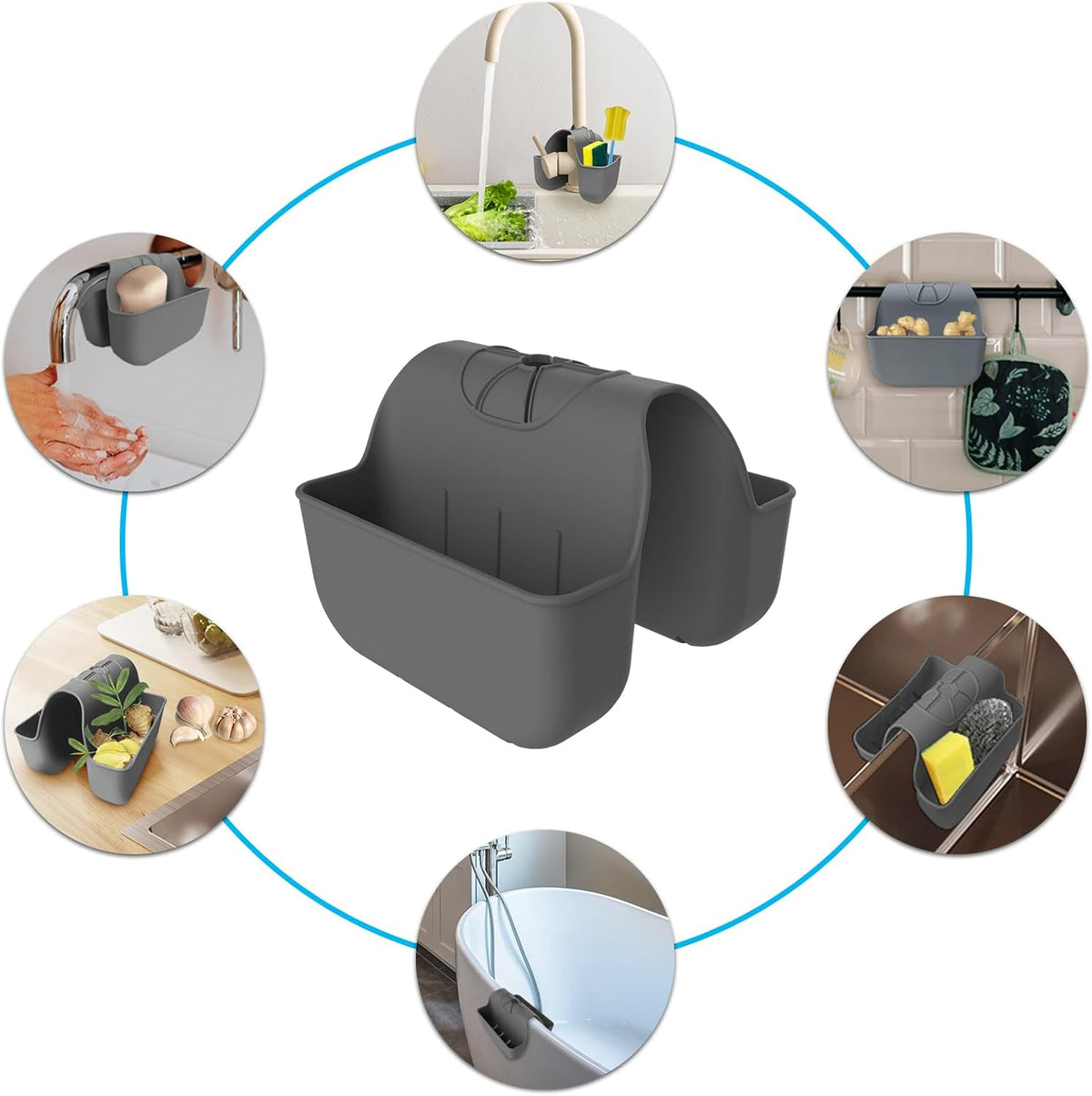 Sponge Holder for Kitchen Sink, Silicone Sink Saddle Caddy Organizer Rack, Sponges Holder Over Faucet, Hanging Kitchen Organizer Accessories Rack Basket Dark Gray
