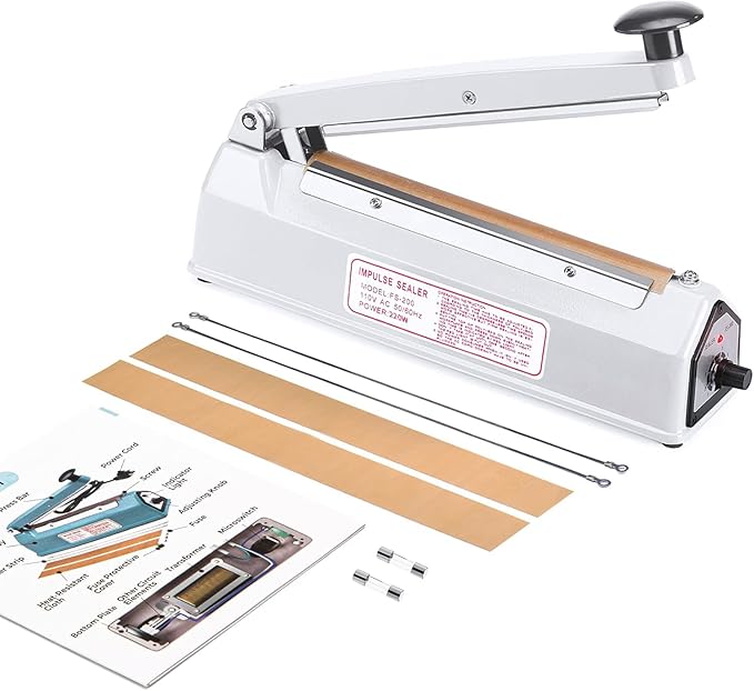 METRONIC Impulse Sealer 8 inch, Manual Heat Sealer Machine for Plastic Bags, Shrink Wrap Bag Sealers Heavy Duty Sealing Machine With Repair Kit (White)