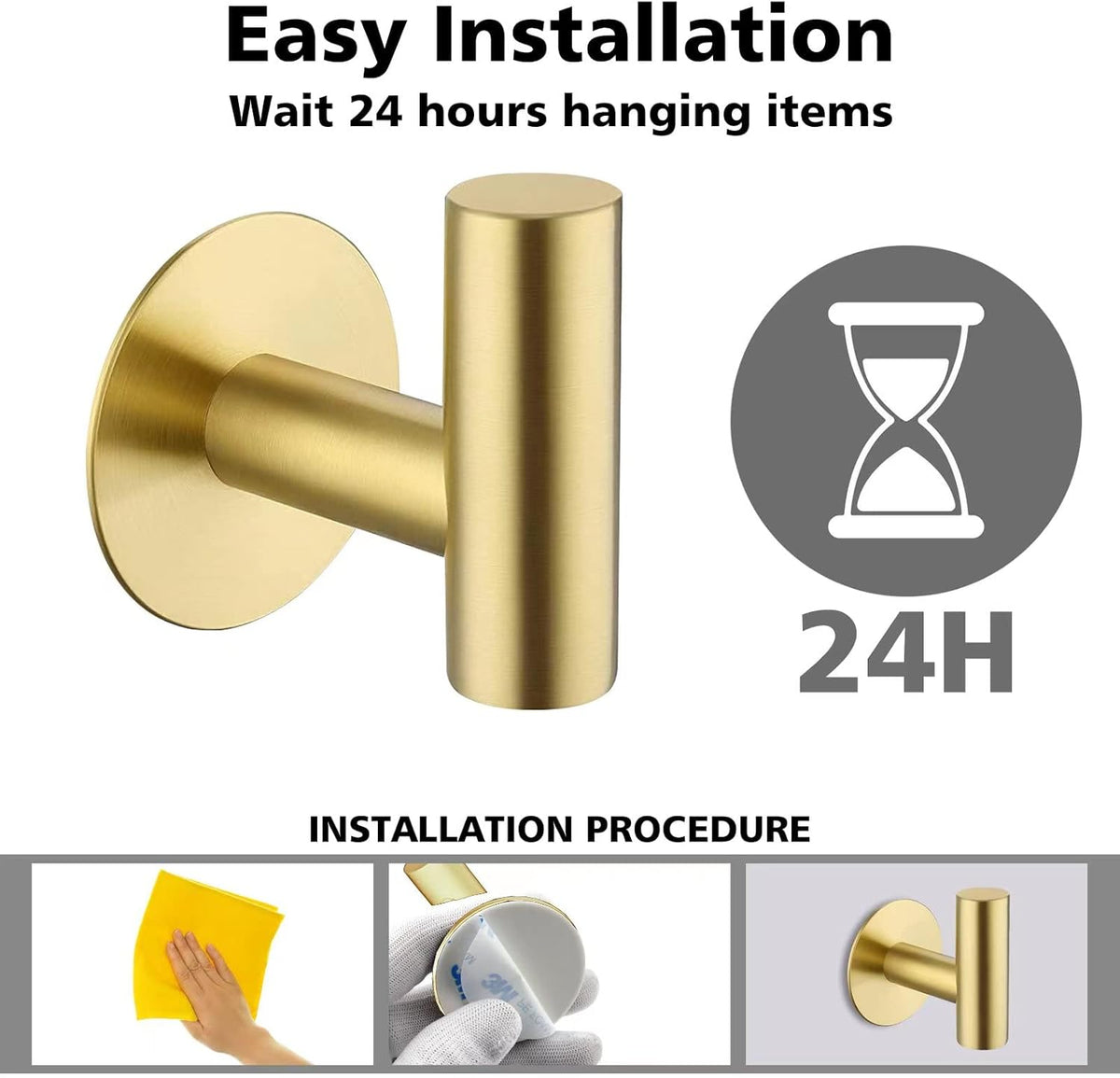 Adhesive Hooks Towel Hooks for Bathroom, Stainless Steel Waterproof Shower Hook Towels Holders, Coat Hook for Hanging Clothes, Wall Hooks Stick on Bathroom or Kitchen - 2 Pack, Gold