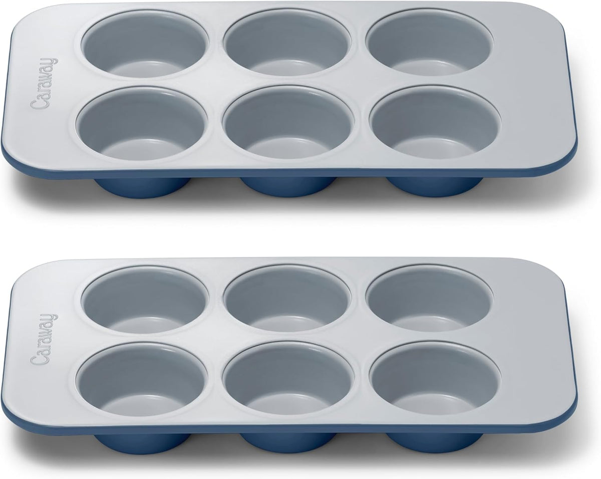 Caraway Nonstick Ceramic 6 Cup Muffin Pan Duo – Non-Toxic, PTFE & PFOA Free – Oven Safe – Aluminized Steel Core – Small Muffin Pan for Baking Cupcakes, Muffins & More - Navy