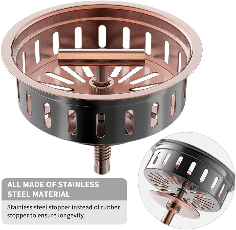 KONE Copper Sink Drain 3.5 Inch Kitchen Sink Drain Assembly Stainless Steel Sink Strainer Sink Stopper Antique Copper Basket Strainer for 3-1/2 Inch Commercial Kitchen Sink