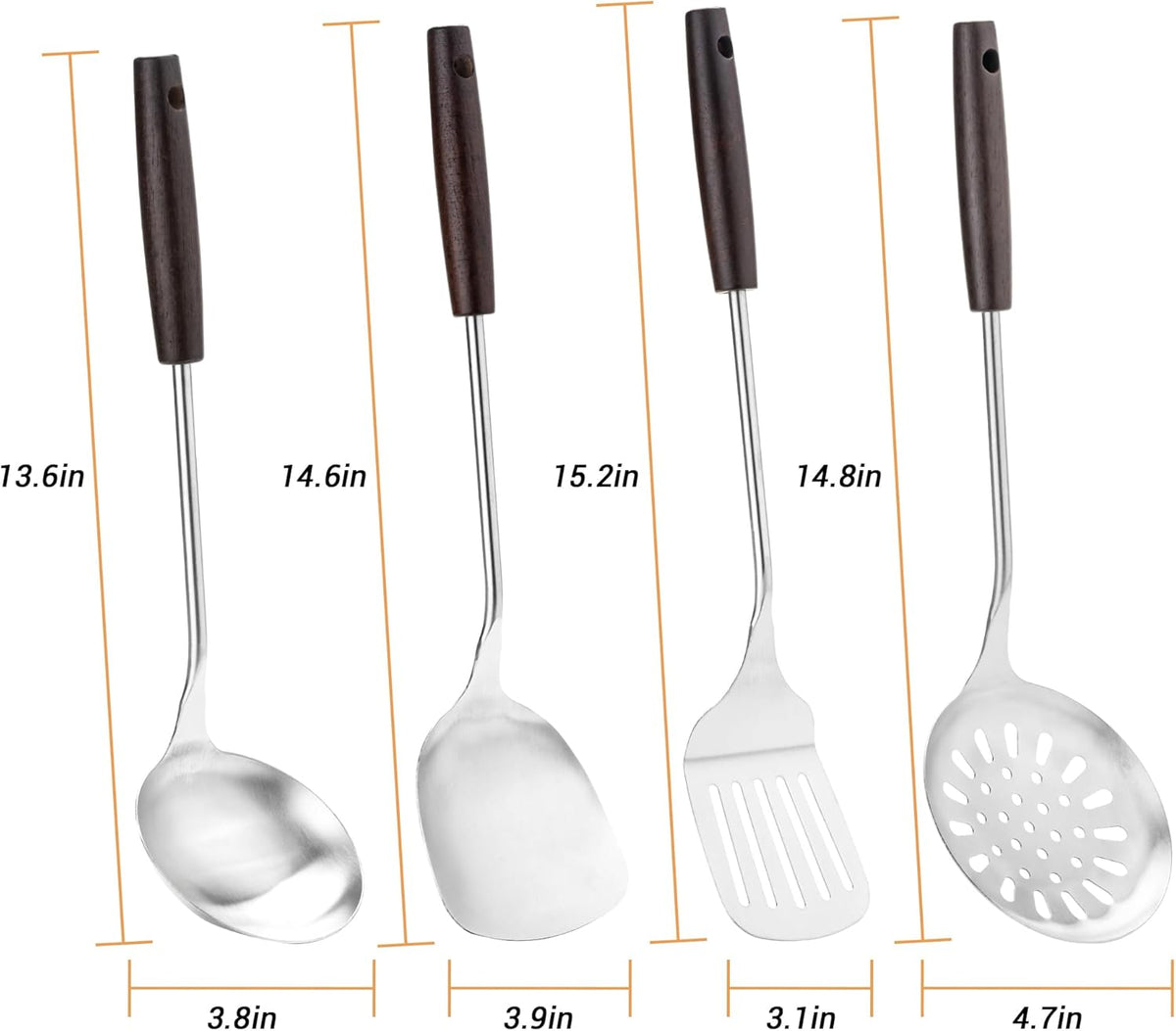 FJNATINH Cooking Utensils - Spatula, Ladle, Skimmer Spoon, Slotted Spatula - 4 Pieces Stainless Steel Wok Utensils Set for Carbon Steel