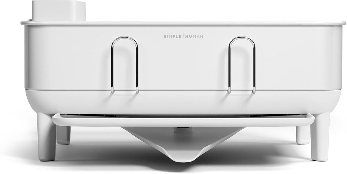 simplehuman Compact Dish Drying Rack with Stainless Steel Frame, 360º Easy Drain Swivel Spout, Utensil Holder, Anti-Residue Coating, Moisture Control Surface, White
