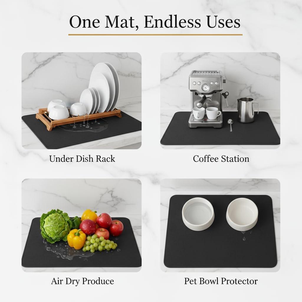 Dish Drying Mat Super Absorbent – 24" x 16" Coffee Mat for Countertops – Non-Slip Drying Mat for Kitchen Counter – Easy to Clean Water Absorbent Mat – Large Dish Drying Mats (Black)