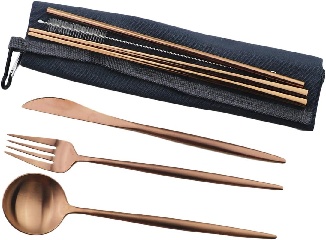 Gugrida Reusable Travel Utensils, 7 Piece Portable 304 Stainless Steel including Knife Fork Spoon Chopsticks Cleaning Brush Straws Portable Pouch, Eco-friendly Camping Silverware Set, Dishwasher Safe