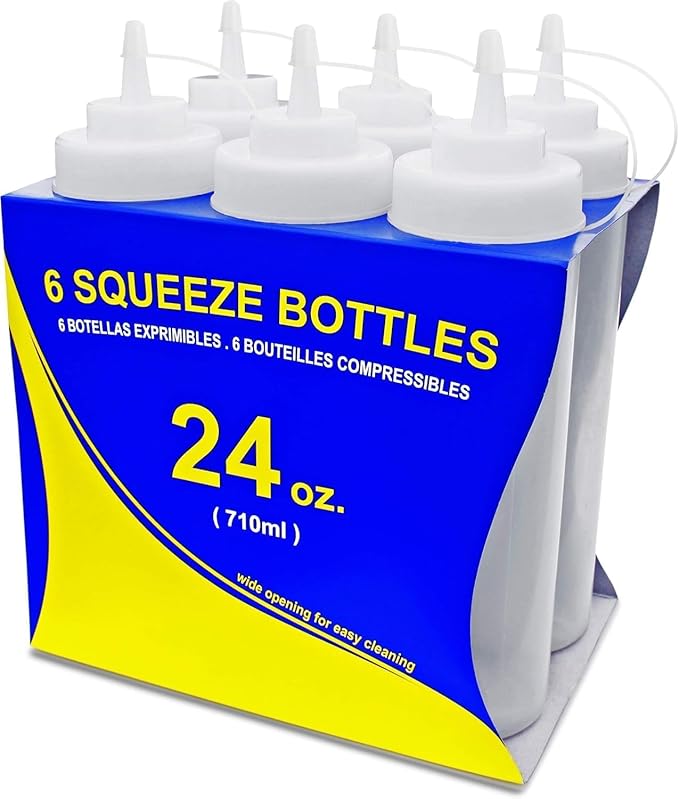 New Star Foodservice 26238 Squeeze Bottles, Plastic, Wide Mouth, 24 oz, Clear, Pack of 6
