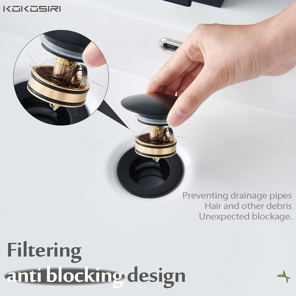 KOKOSIRI Bathroom Sink Drain with Detachable Hair Catcher, Matte Black Pop Up Sink Drain with Strainer Basket Anti Clogging for Vanity Vessel Sink with Overflow, C1001BK