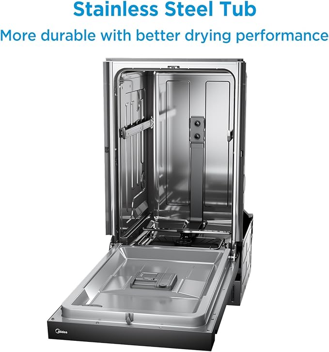 Midea MDF18A1ABB Built-in Dishwasher with 8 Place Settings, 6 Washing Programs, Stainless Steel Tub, Heated Dry, Energy Star, Black