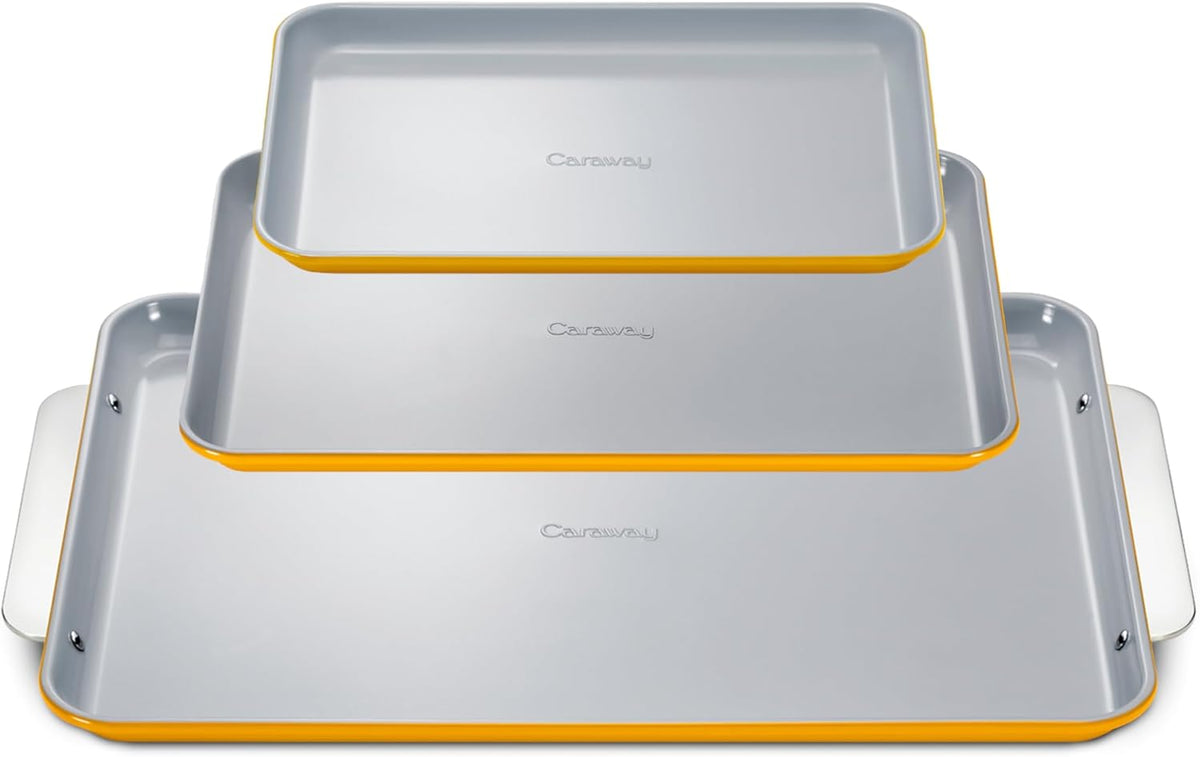 Caraway Non-Stick Ceramic Baking Sheet Trio - Naturally Slick Ceramic Coating - Non-Toxic, PTFE & PFOA Free - 18 x 13" Large, 15 x 10" Medium, & 9" x 13" Small - Marigold