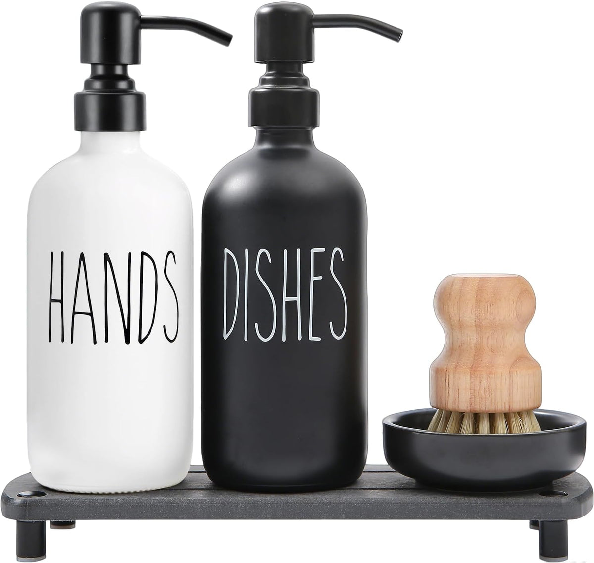 MOMEEMO Soap Dispenser for Kitchen Sink Comes with Stainless Pumps, Instant Dry Tray, and Dish Scrub Brush, Suitable for Black and White Kitchen Decor. (Black & White)