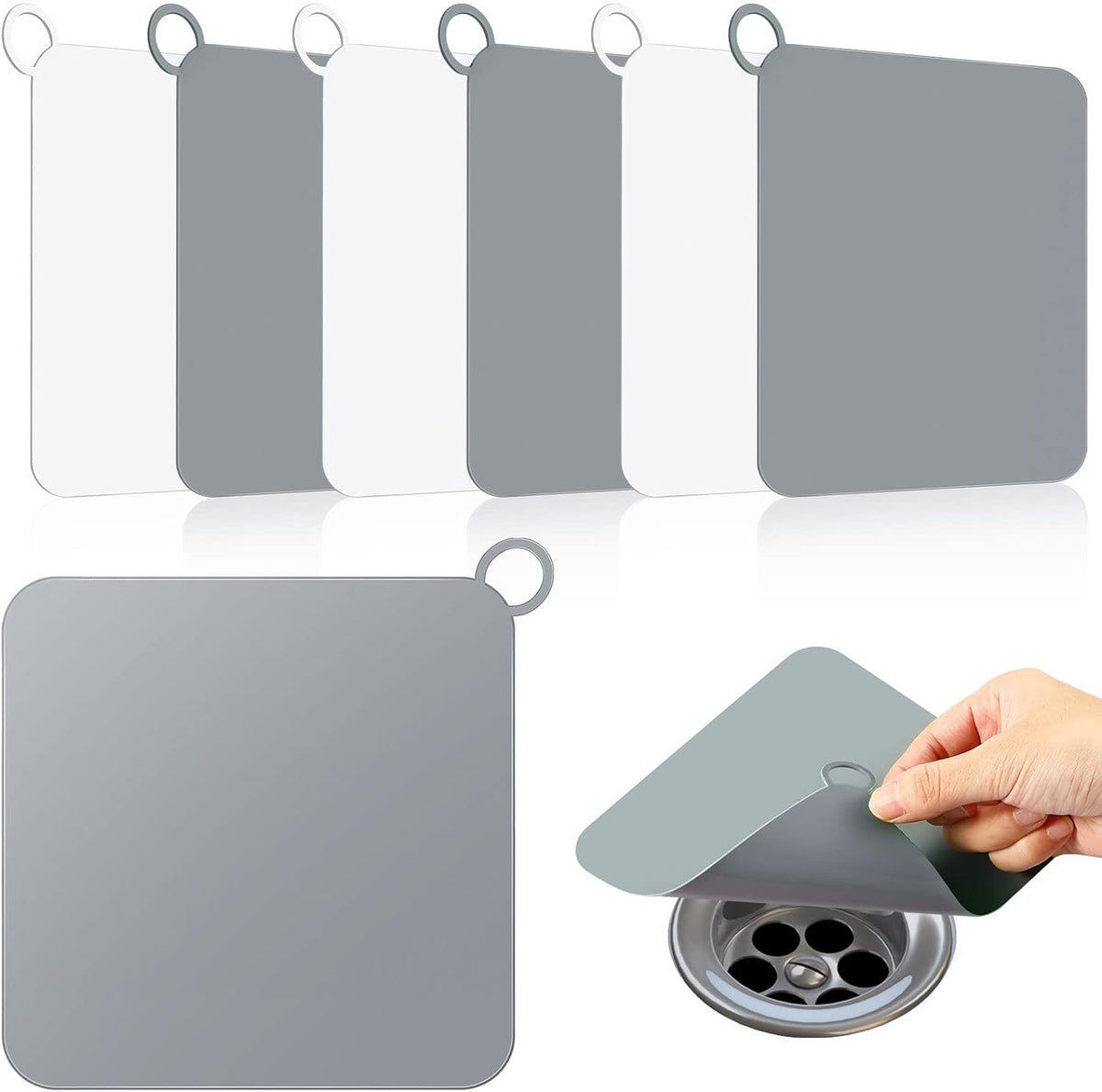 Yinkin 6 Pcs Drain Covers to Keep Bugs Out Silicone Shower Floor Tub Stoppers Bathtub Drain Stoppers Sewer Anti-Odor Mats Deodorizing Plugs for Bathroom(4.72 x 4.72 Inch,Square,Grey and White)