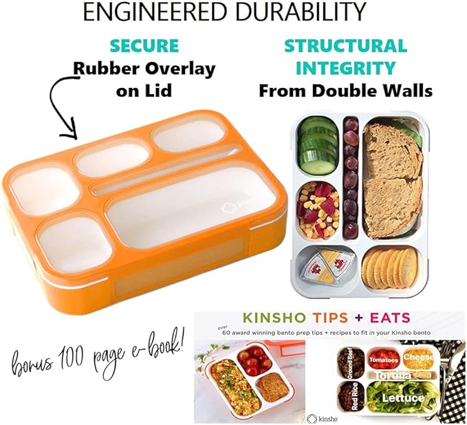 Bento Lunch Box for Kids, Boys, Girls, Adults, 6 Compartment Lunch-Boxes, Leakproof School Snack or Meal Portion Container, Utensils, BPA-Free, Orange