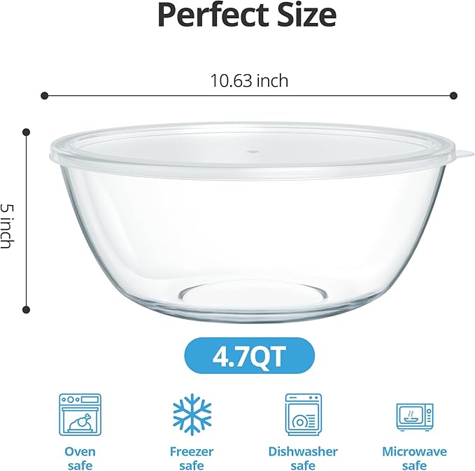 4.7 Qt Extra Large Glass Mixing Bowls Clear Glass Salad Cooking Bowls for Kitchen Salad Bread Storage