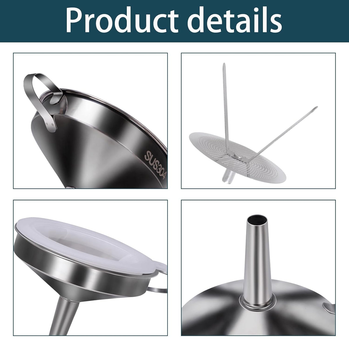5 in 1 Funnels for Filling Bottles Stainless Steel Small Kitchen Funnel Set for Transferring Essential Oils Liquid Fluid Spice Dry Ingredients Powder, Durable and Dishwash Safe