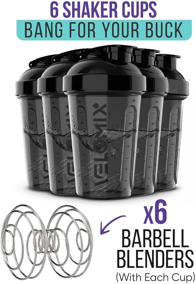 VELOMIX -6 PACK- Shaker Cups for Protein Shakes 20 oz - 6x Wire Whisk | Leak Proof Protein Shaker Bottle for Protein Shakes, Shaker Bottle Pack for Pre & Post Workout, Shaker Cup (ALL IN BLACK)