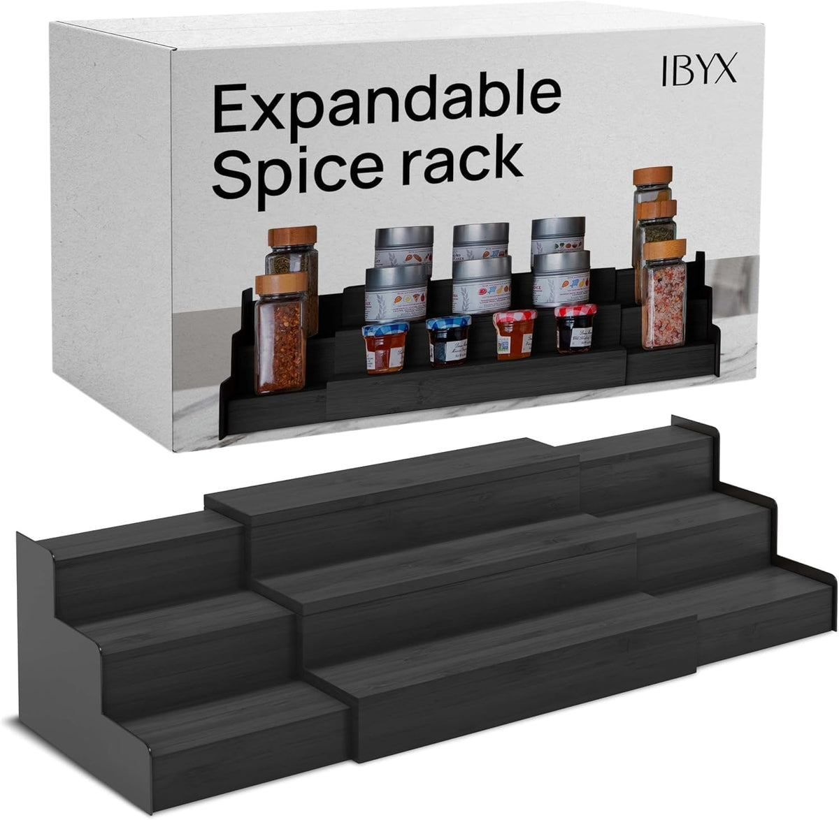 Ibyx Premium 3-Tier Spice Rack Organizer for Cabinet - Expandable Bamboo Spice Storage - Non-Skid Countertop Step Spice Shelf - Great for Kitchen Cabinet, Countertop, Cupboard, Pantry (Black)