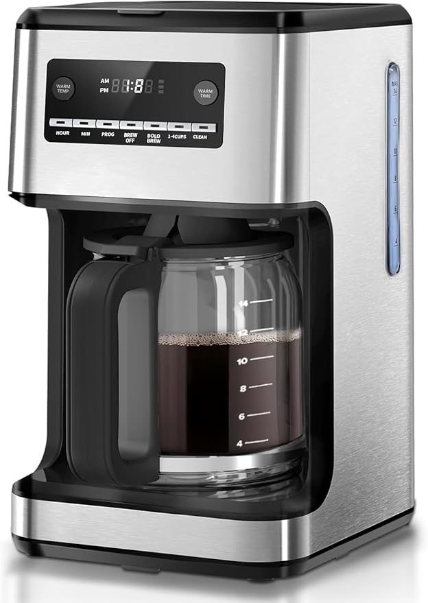 Kismile Coffee Maker, 14-Cup Programmable Drip Coffee Makers Machines with Timer, Keep Hot Plate & Reusable Filter, Self-Cleaning, Auto Pause, Stainless Steel