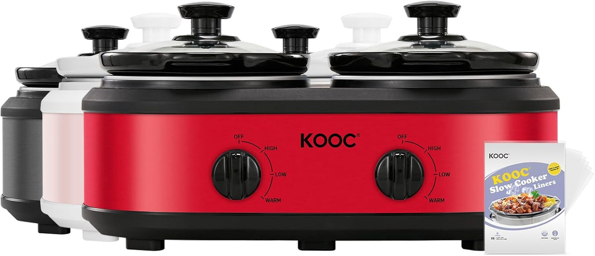 KOOC Double Small Slow Cooker, Buffet Server and Warmer, 2 Mini Pots with 3 Individual Adjustable Temp, Dual Ceramic Pots, Free Liners for Easy Clean-up, Stainless Steel, Total 2.5 Quart, Red, Round