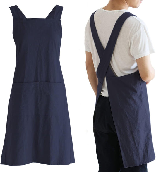 NEWGEM Japanese Linen Cross Back Cooking Aprons for Women Men with Pockets Cute for Baking Kitchen