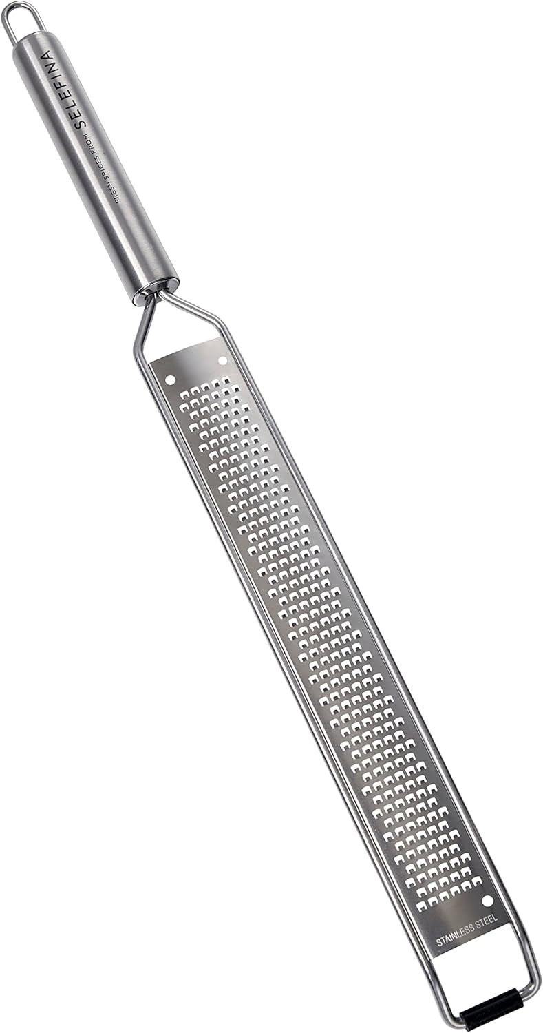 Selefina Spices: Rasp-Style Grater/Zester: for Nutmeg, Lemon, Garlic, Chocolate, Fruits, Vegetables and Ginger. Stainless Steel Grater, 16 inches