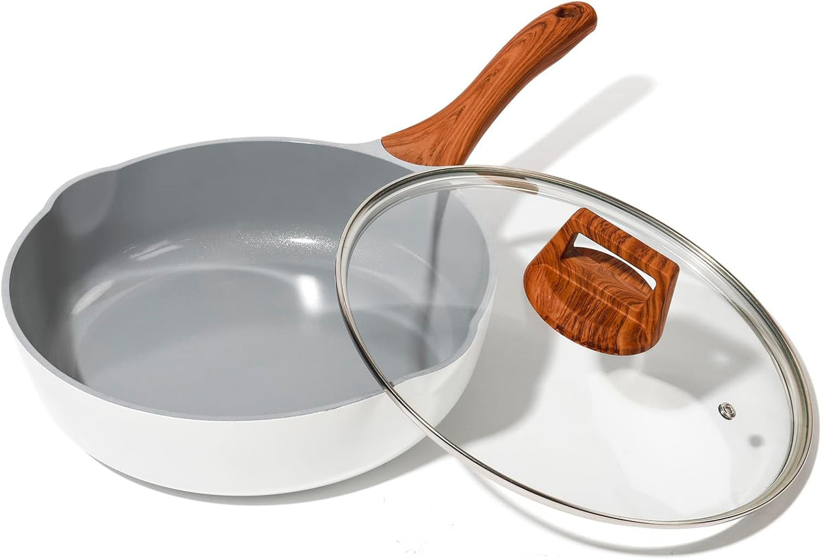 Nonstick Ceramic Frying Pan With Lid, 10 Inches Deep Frying Pan Non Stick Skillet With Pour Spout, Non Toxic Cookware for Stove, Induction, Gas, PB/CD/PFOA Free (White,10 Inches)