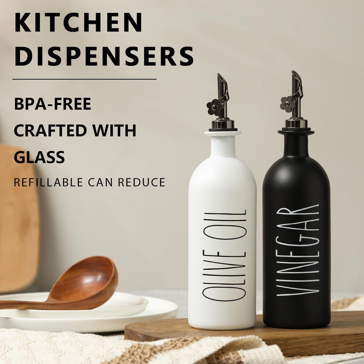 HOMCDALY 16oz Olive Oil Dispenser Bottles for Kitchen, Glass Oil Dispenser for Kitchen with Bamboo Tray, Oil&Vinegar Dispenser Set | Set of 2 (16oz-P-Black&White)