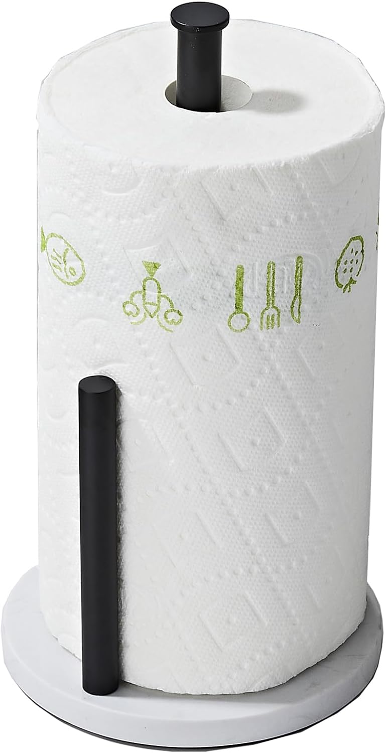 Matte Black Paper Towel Holder,Stainless Steel Paper Towel Holder for Kitchen Roll Organize, Standard or Jumbo-Sized Roll Paper, Countertop Roll Dispenser with Marble Base