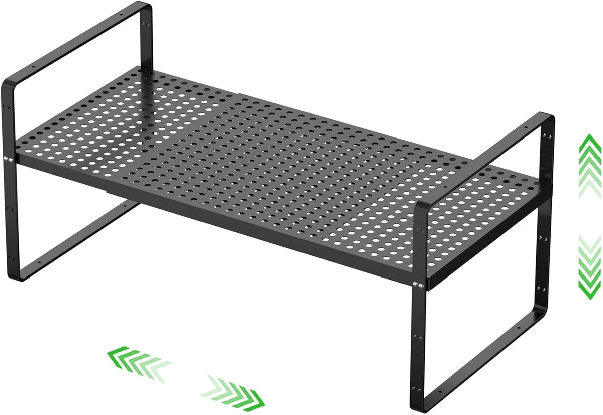 Expandable Cabinet Storage Shelf Stackable Organizer Rack for Kitchen Bathroom Pantry Spice Cupboard Coffee Countertop Home Office Desk Heavy Duty Nonslip Black Large 1 PACK
