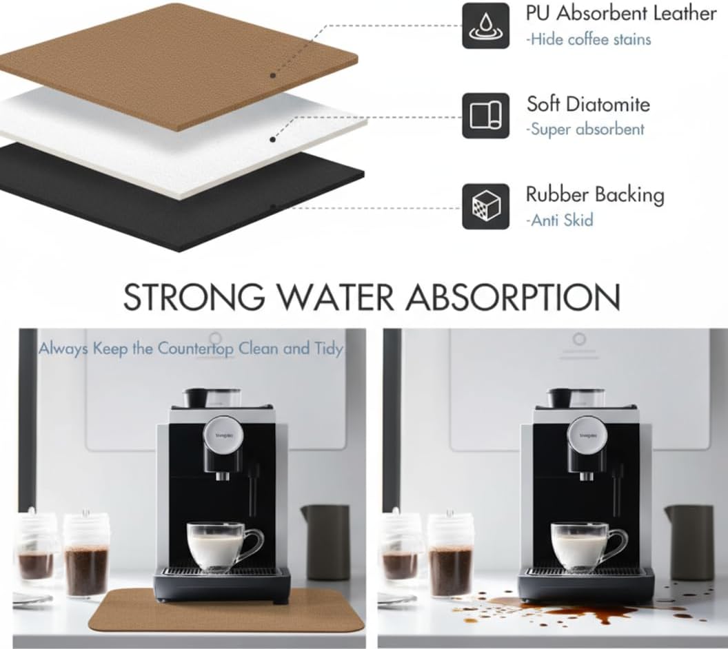 Dish Drying Mat Super Absorbent – 24" x 16" Coffee Mat for Countertops – Non-Slip Drying Mat for Kitchen Counter – Easy to Clean Water Absorbent Mat – Large Dish Drying Mats (Brown)