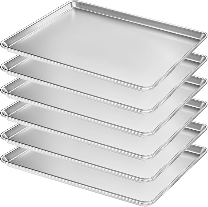 Full Size Commercial Quality Baking Sheet Pan, Bastwe Aluminum Cookie Tray Pan for Oven, Freezer, Bakery, Hotel Restaurant, Thick Steel Rim Prevents Warping (6 Pack, 26 x 18 Inch)