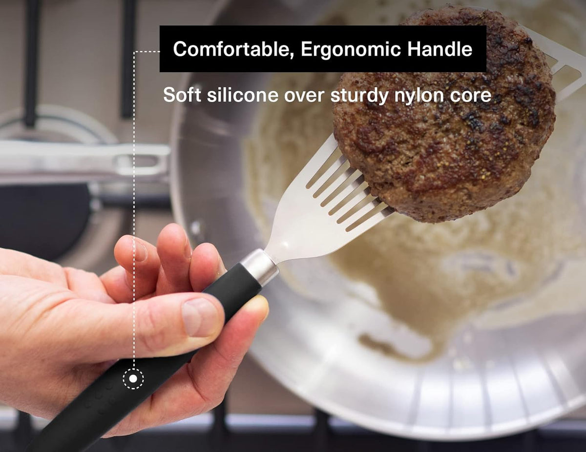 Misen Fish Stainless Steel Spatula - Slotted Turner for Cooking - Perfect for Frying - Heat Resistant - Dishwasher Safe -1mm Thick Flexible Flipper - Soft Silicone Grip Handle for Easy Use