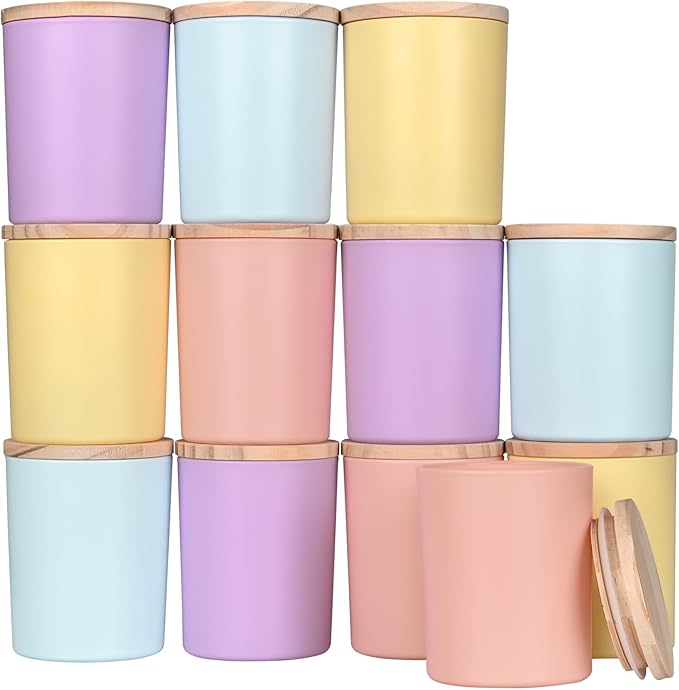 SHOWIN Thick Candle Jars for Making Candles 12 Pcs, 7 OZ Empty Jars with Wood Lids for Candle Making, Sample Container, Colourful