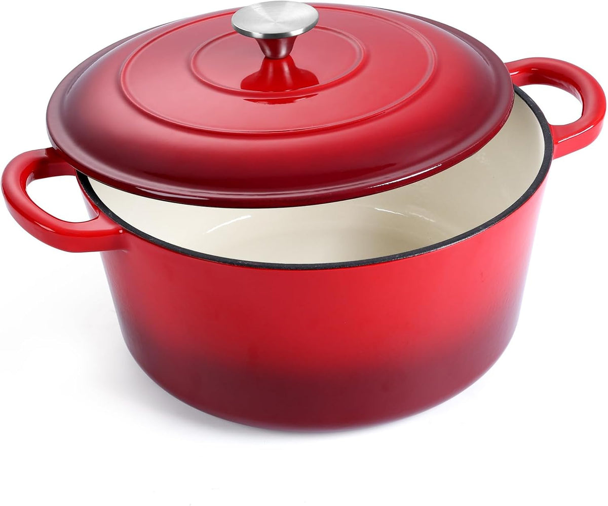 E-far Enameled Cast Iron Dutch Oven with Lid, 6 Quart Round Dutch Oven Pot Nonstick Cookware for Braising, Stews, Roasting, Bread Baking, Cooking, Heavy Duty, Induction & Oven Safe - Red