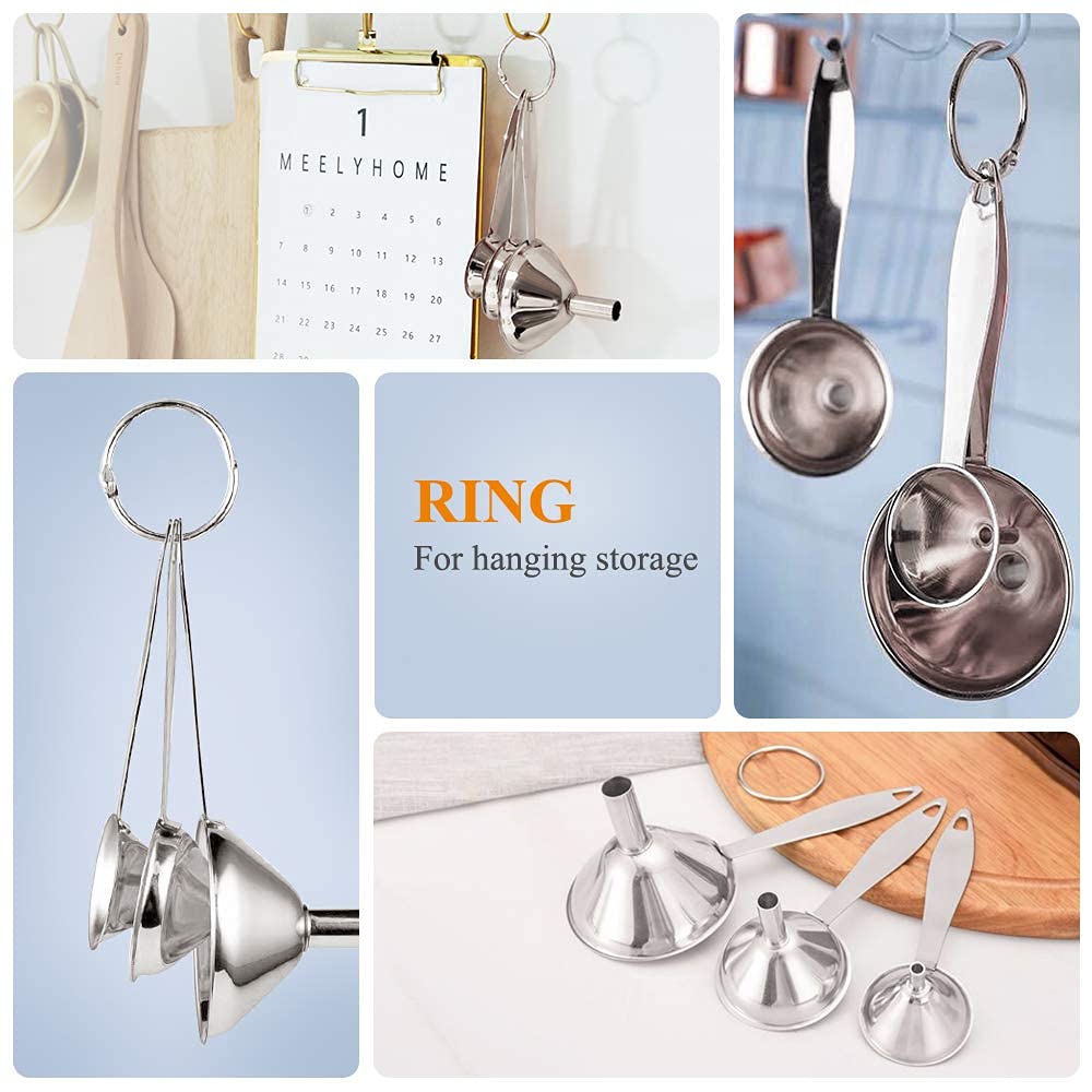 3 in 1 Metal Funnels for Filling Bottles Stainless Steel Small Kitchen Funnel Set for Transferring Essential Oils Liquid Fluid Spice Dry Ingredients Powder, Durable and Dishwash Safe