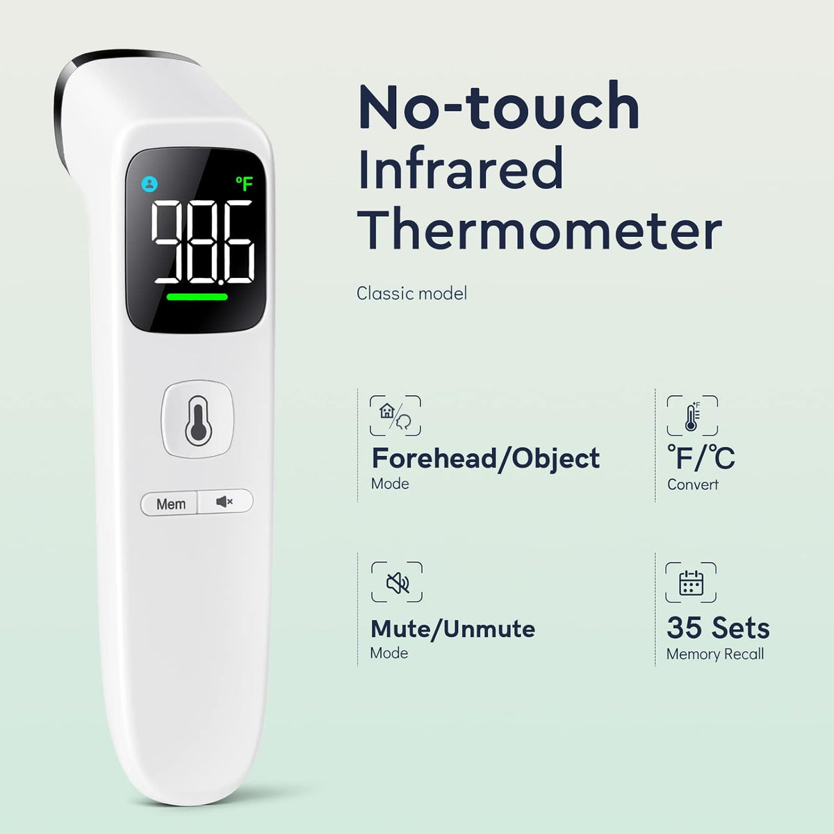 Touchless Thermometer for Adults and Kids, Fast Accurate Thermometer with Fever Alarm, 1S Reading & Silent Mode (LED-White)