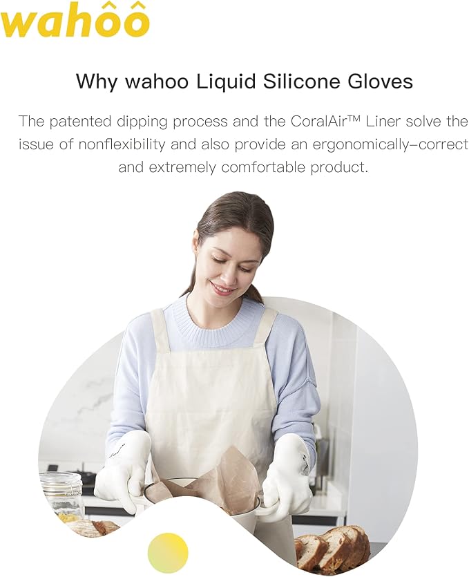 wahoo Professional Liquid Silicone Oven Mitts Gloves, Heat Resistant Gloves for Cooking, Baking, CoralAir Liner, 12 Inch, White, Medium