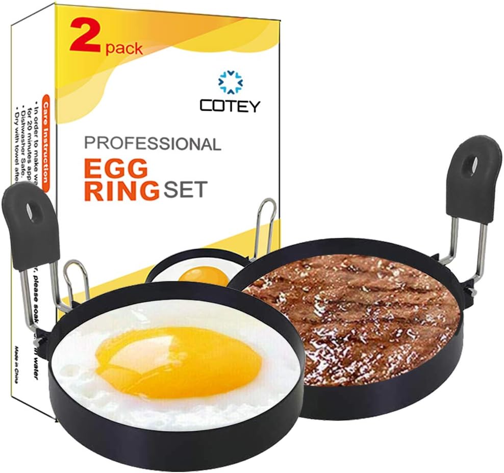 COTEY 3.5" Egg Rings Set of 2 with Silicone Handle, Large Ring for Frying Eggs, Round Mold for English Muffins - Griddle Cooking Shaper for Breakfast