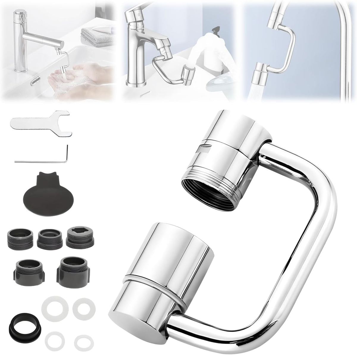 Universal Sink Faucet 1440° Rotatable Faucet Aerator Extension, U Shaped Faucet Extender for Toddlers 2 Modes Adjustable, Flexiflow 1080° Rotating Faucet Extender for Bathroom Sink/Kitchen(Silver)