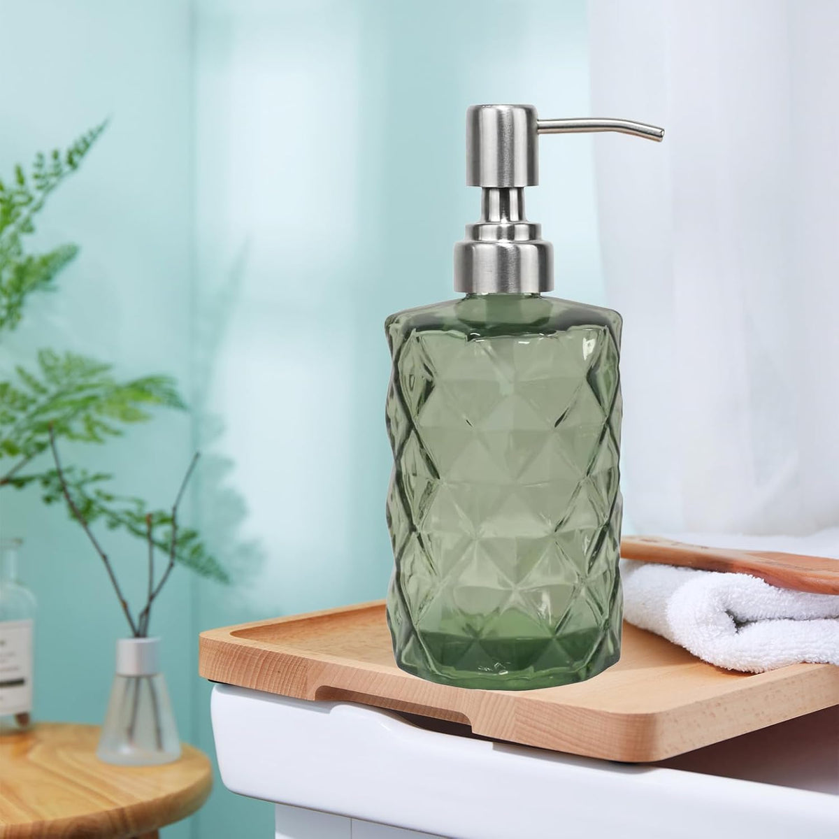 12Oz Green Glass Soap Dispenser with Stainless Steel Pump, Refillable Kitchen Liquid Hand Soap Dispenser with Diamond Design, for Dispense Hand soap, Dish Soap, Lotion, Bathroom, Countertop, Hotel