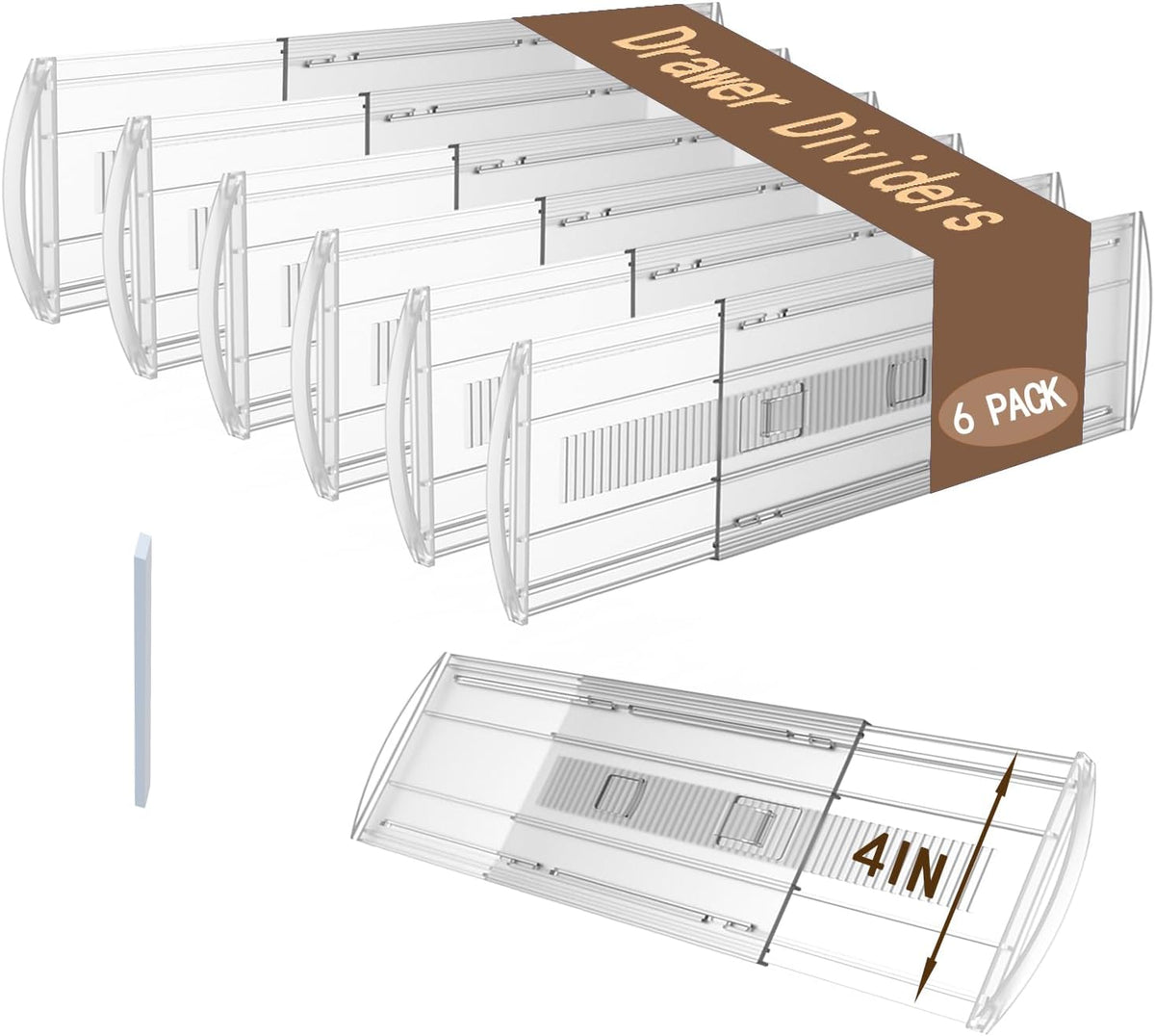 6 Pack Adjustable Drawer Dividers for Clothes,4" High Expandable From 13-22" Clear Drawer Organizers, PC Plastic Separators for Dresser/Bedroom/Bathroom/Kitchen/Office Storage