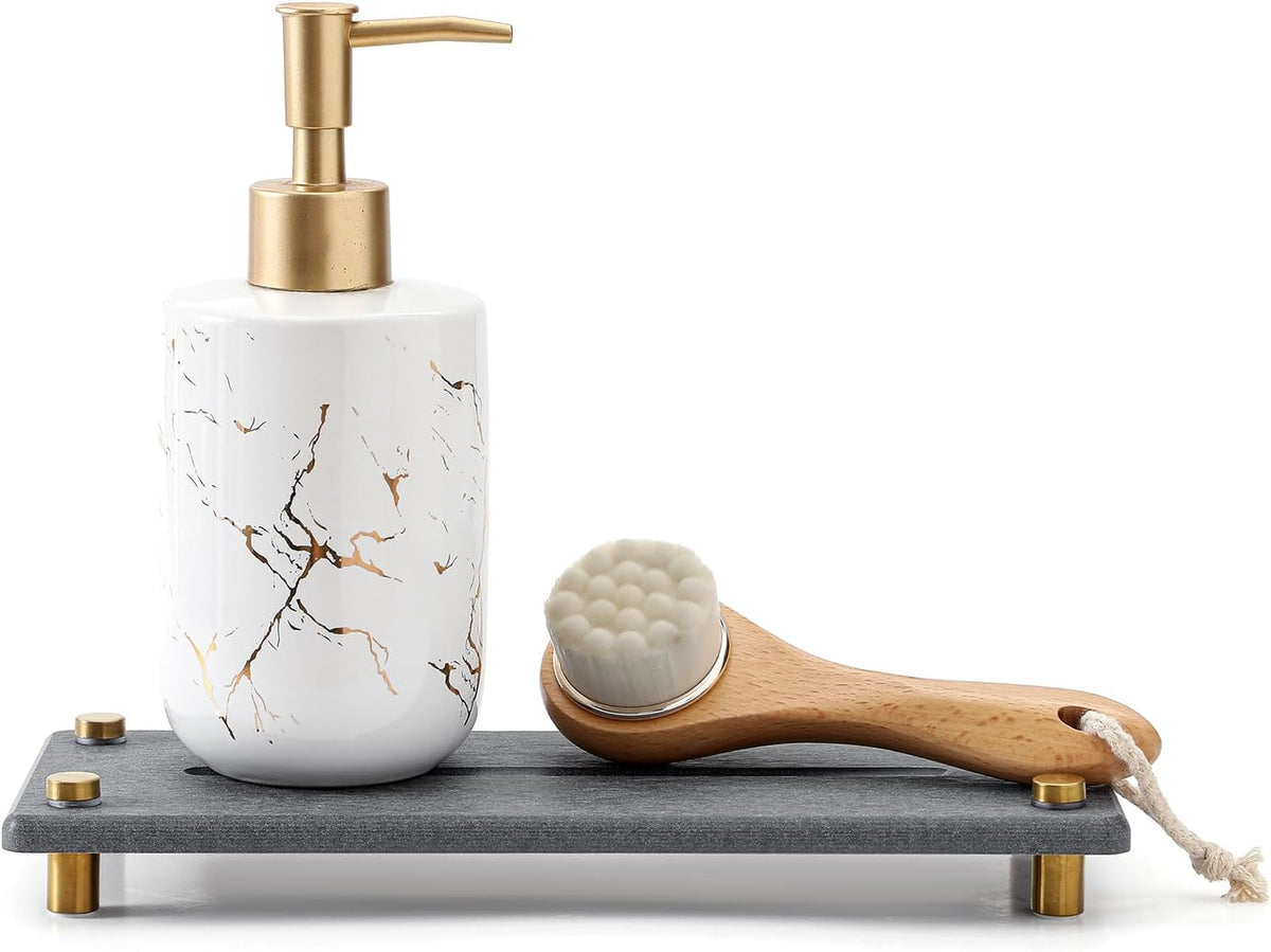 Kitchen Sink Caddy Water Absorbing Stone Drying Tray, Diatomite Bathroom Sink Organizer, Faucet Counter Mat Coaster, Soap Dish Rack Riser Dispenser Sponge Holder, Dark Gray Gold 10" x 4"
